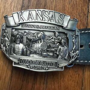 Tex Tan Cowhide Belt Kansas Mexican American Commemorative Belt Buckle 1985